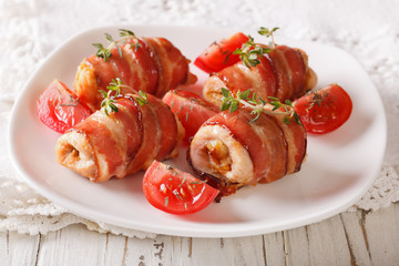 Delicious Chicken rolls with cheese and bacon close-up. horizontal
