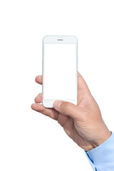 Closeup on hand holding white screen smart phone on light background