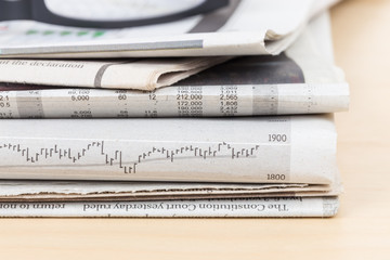 Stack of business newspapers on table with glasses