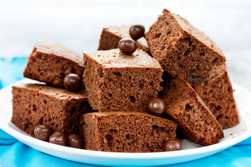 Delicious chocolate brownies close up
