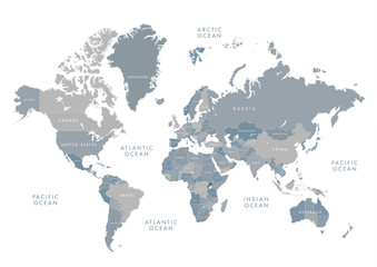 Obraz premium Bardzo szczegółowa mapa świata z etykietami. Ilustracja wektorowa skali szarości.