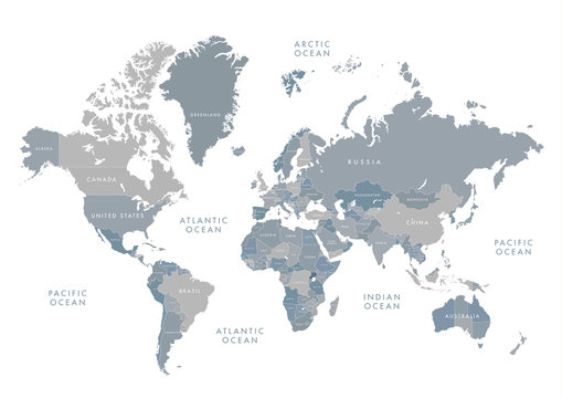Fototapeta Bardzo szczegółowa mapa świata z etykietami. Ilustracja wektorowa w skali szarości.