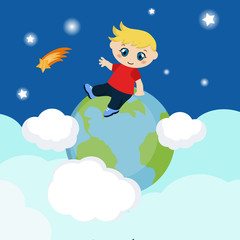 Cute boy sitting on blue planet.