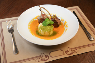 rice with meat with sea buckthorn sauce