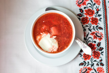 Top view of Borsch - traditional Ukrainian cuisine. 