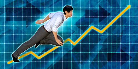 Asian Businessman Running with Chart Graph Background