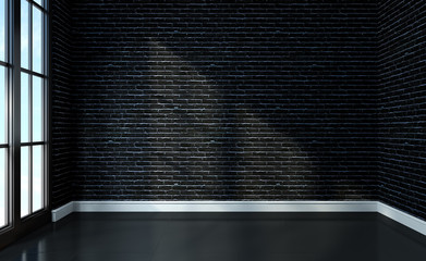 Empty Room Interior Black Brick Wall And Black Floor. 3d Render