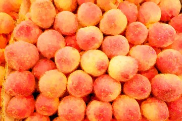 Watercolor paint effect. Fresh healthy bio red peach.