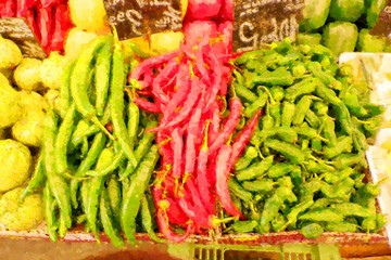 Watercolor paint effect. Fresh healthy bio red and green paprika in wooden box