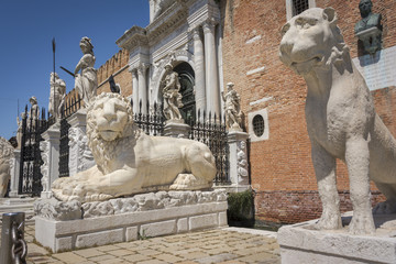 Lion statues at the gates of Arsenal, Venice, Italy