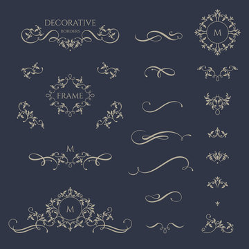 Floral borders and monogram with calligraphic elements. Template signage, logos, labels, stickers, cards.