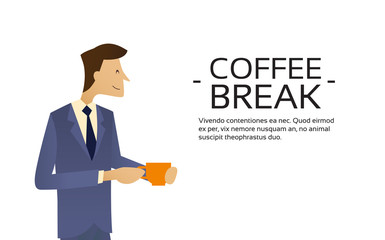 Business Man Hold Cup, Hot Beverage, Tea Coffee Break Copy Space Flat
