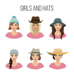 Set of girls and hats on a white background. Vector.