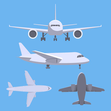 Set of planes. Top, side, front, bottom view of plane. Vector.