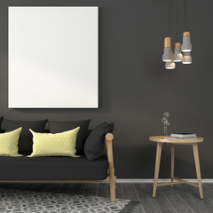 Mock up in gray living room with wooden furniture