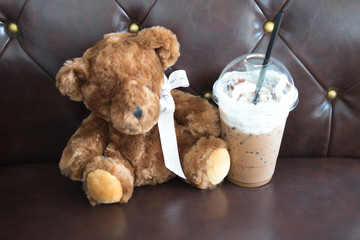 cute teddy bear, cup of ice coffee