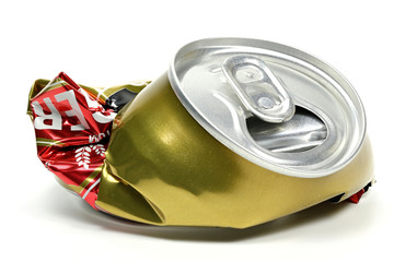crushed beverage can isolated on white background