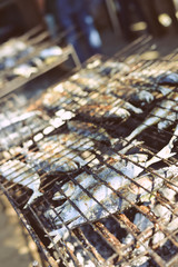 Mackerel roast on grill barbecue, flat lay, closeup top view