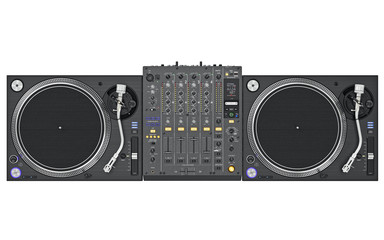 Set dj music mixer table, black professional equipment, top view. 3D graphic - 112450872