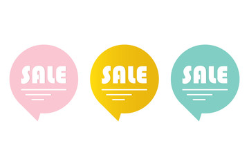 Cute pink, mint green and gold speech bubble icons set with word sale isolated on white background. Colorful sale tags, bubbles, banners, stickers.
