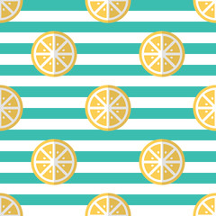 Vector flat design lemon slices on colorful striped background.