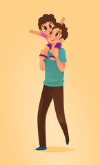 Son sit on the father's neck, Vector illustration.