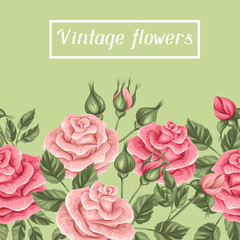 Seamless border with vintage roses. Decorative retro flowers. Easy to use for backdrop, textile, wrapping paper