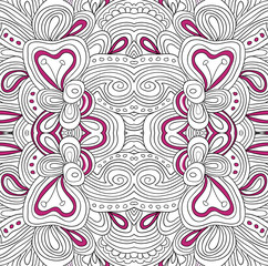 Fototapeta na wymiar Zendala. Hand drawn doodle pattern with floral motif. Uncolored tracery. Can be used as adult coloring book. Sacred geometry.