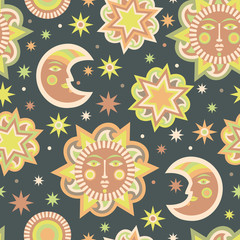 Wallpaper for children's room. Holiday package with sun and stars background seamless pattern.