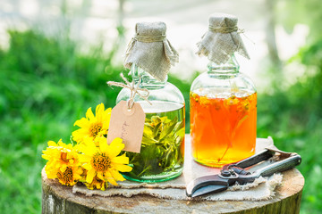Homemade tincture made of alcohol and honey in garden