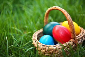 Basket with coloured Easter eggs on green grass