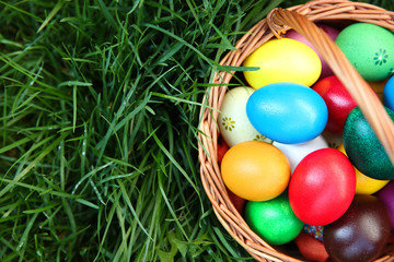 Fototapeta na wymiar Basket with coloured Easter eggs on green grass