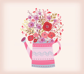watering can with a bouquet of watercolor flowers