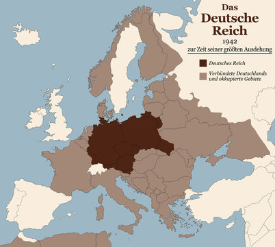 Third Reich At Its Greatest Extent In 1942. Map Of Nazi Germany In Europe In Second World War With Todays State Borders. GERMAN LABELING!