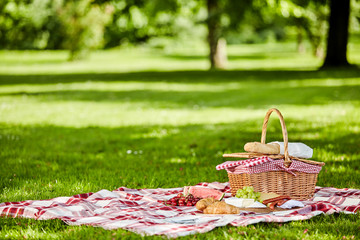 Delicious picnic spread with fresh food - obrazy, fototapety, plakaty