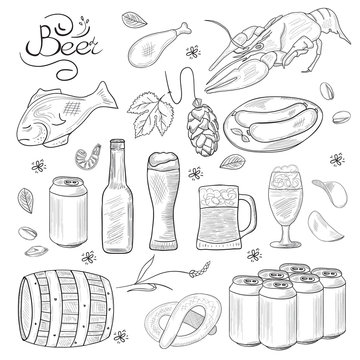 Beer hand-drawn doodle collection. Vector illustrations of beer and snacks. Icons for restaurants, menus, logos, web and print.