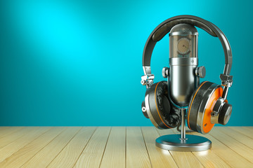 Professional studio microphone and headphones on wooden table 3d - obrazy, fototapety, plakaty