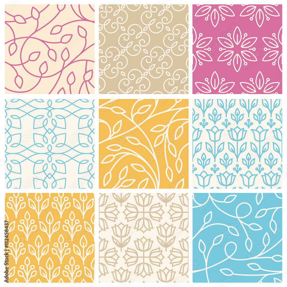 Aufkleber Vector set of seamless patterns in trendy linear style with leav