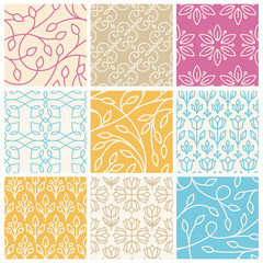 Vector set of seamless patterns in trendy linear style with leav
