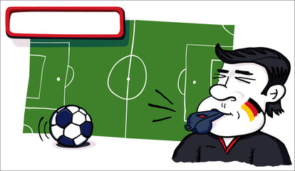 Fu&szlig;ball-Banner, Schiedsrichter mit Pfeife und Ball vor Fu&szlig;ballfeld