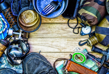 Camping gear, arranged in a frame.