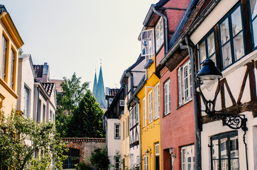 Lübeck, in the historical backyard,with view to st. Mary church towers