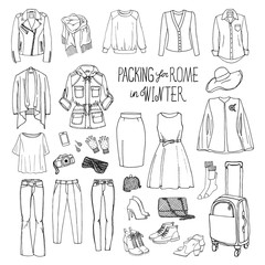 Fototapeta premium Vector illustration of packing for Rome in winter. Sketch of clothes and accessories for design. Black and white woman fashion collection set. Winter travel luggage.