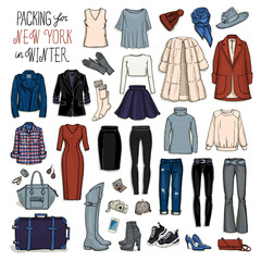 Vector illustration of packing for New York in winter. Sketch of clothes and accessories for design. Female fashion collection set. Winter travel luggage.