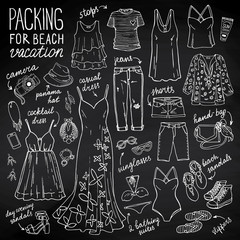 Summer travel luggage. Packing for beach vacation. Female clothing set. Vector hand-drown objects illustrations. Black and white fashion collection on chalkboard.