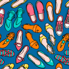 Hand drawn vector seamless pattern of shoes