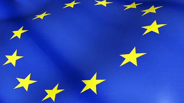 close up of waving flag of european union, yellow star and blue background, eu flag, seamless looping 3D rendering