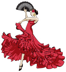 Colorful vector illustration of a female flamenco dancer in long red dress with fan