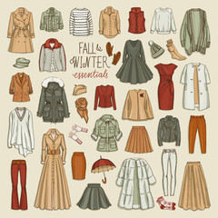 Vector illustration of female fall and winter fashion collection of clothes. Hand-drown objects sketch with coats, dresses, skirts, jacket, trousers, hats, gloves, socks.