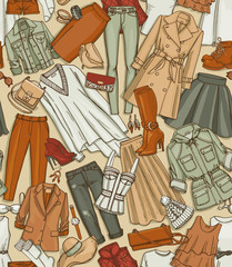 Hand drawn vector seamless pattern of clothes, shoes, bags and female fashion accessories. Can use for print, web, fabric. Brown-beige background